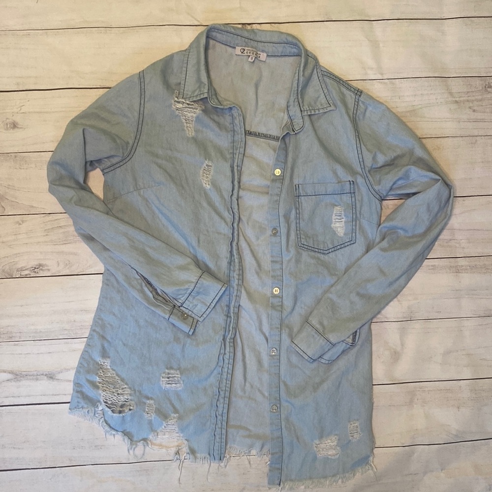 Distressed Button Down Jean Shirt